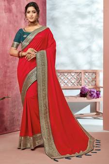 Red embroidered georgette saree with blouse