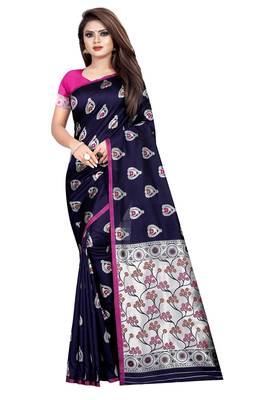 Navy blue woven art silk saree with blouse 1