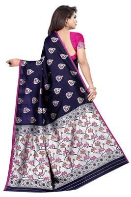 Navy blue woven art silk saree with blouse 3