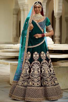 Green embroidered velvet semi stitched lehenga 1