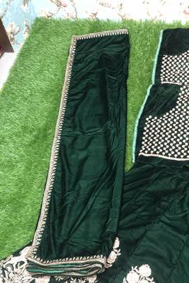 Green embroidered velvet semi stitched lehenga 3
