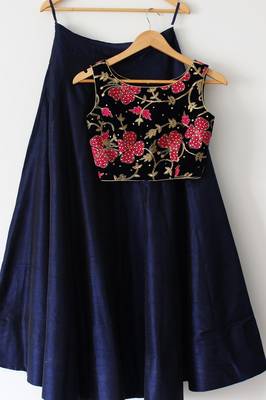 Navy blue embroidered art silk semi stitched lehenga 1