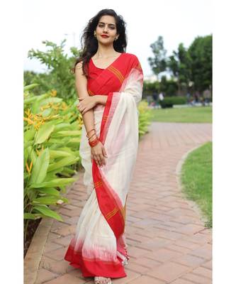 Classic khadi cotton saree in bengali style with white body & red border saree 1