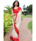 Classic khadi cotton saree in bengali style with white body & red border saree