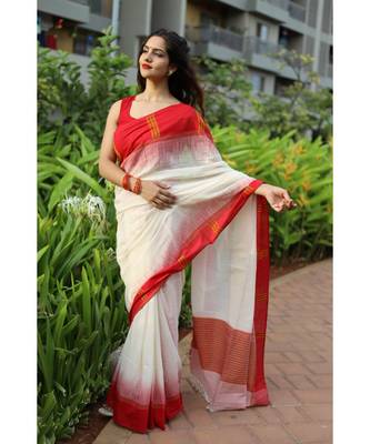 Classic khadi cotton saree in bengali style with white body & red border saree 2