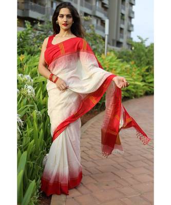 Classic khadi cotton saree in bengali style with white body & red border saree 3