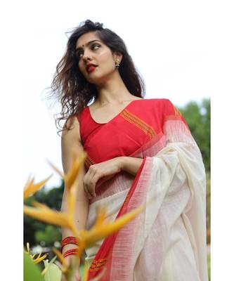 Classic khadi cotton saree in bengali style with white body & red border saree 4