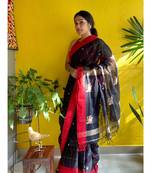 Khadi cotton in timeless black body & red border, with intricate meenakari flamingo motifs