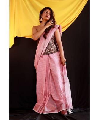 Stunning khadi slub cotton saree in prettiest pink with silver threadwork border 1