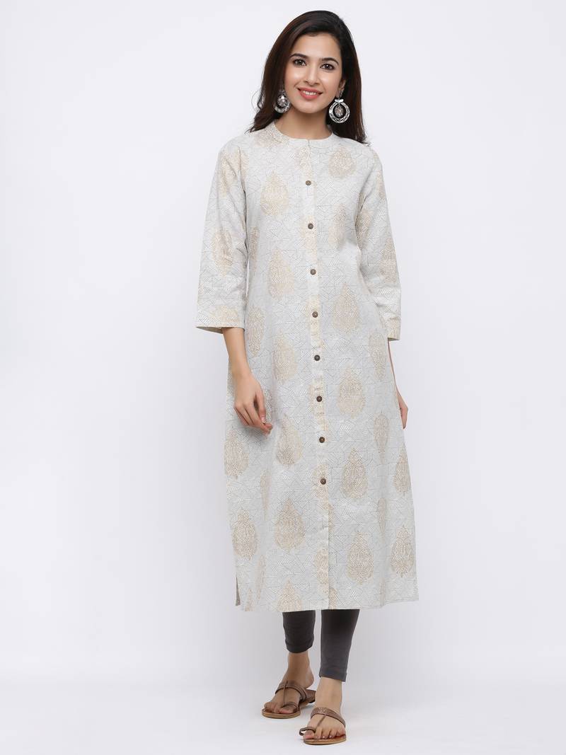 Women's  Grey Cotton Gold Printed A-line Kurta