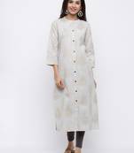 Women's  Grey Cotton Gold Printed A-line Kurta