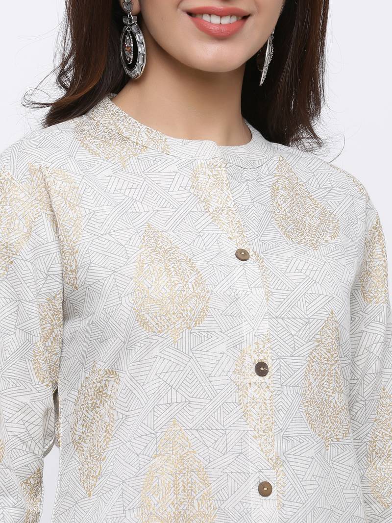 Women's  Grey Cotton Gold Printed A-line Kurta