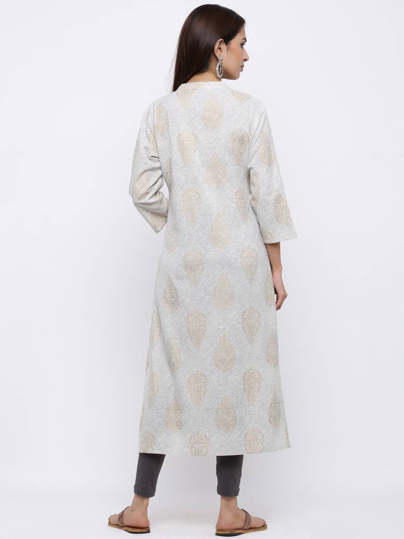 Women's  Grey Cotton Gold Printed A-line Kurta