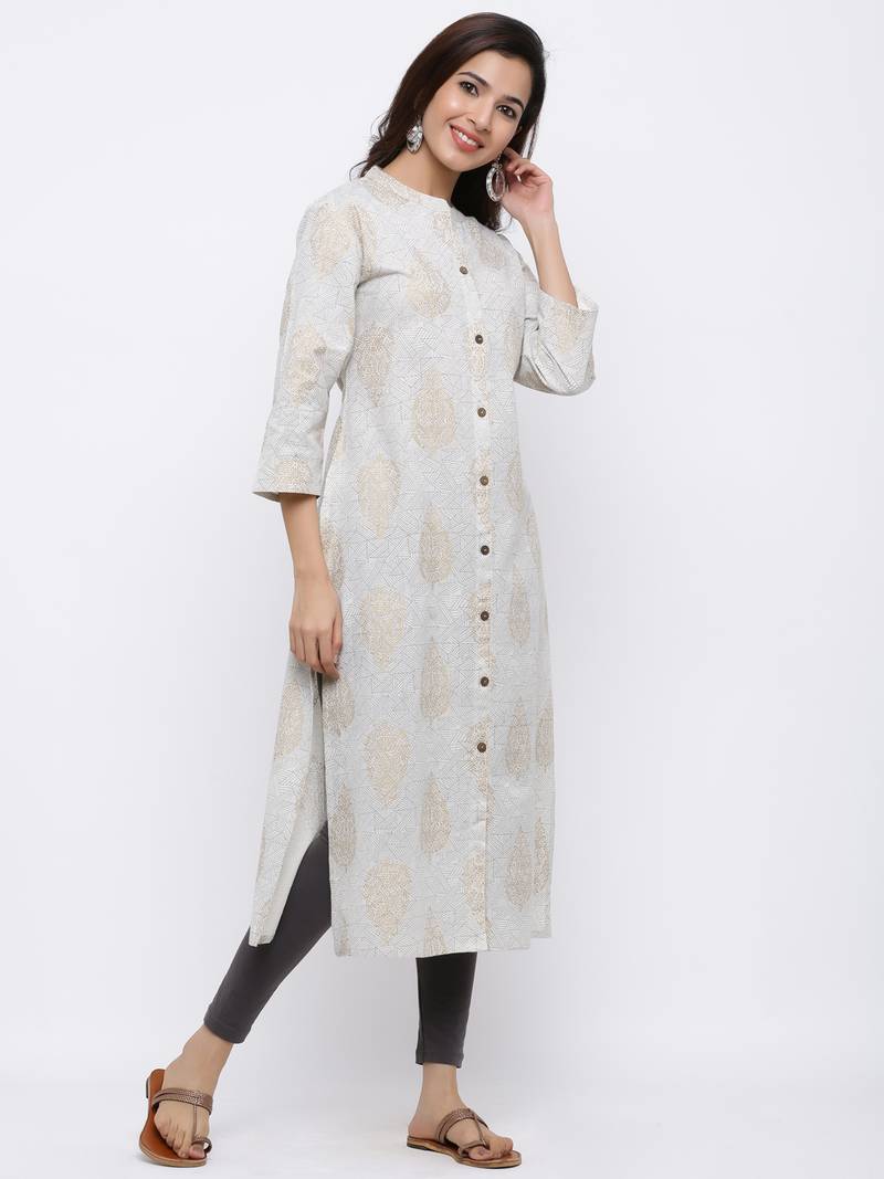 Women's  Grey Cotton Gold Printed A-line Kurta