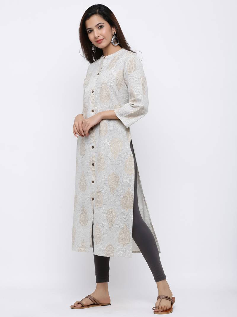 Women's  Grey Cotton Gold Printed A-line Kurta
