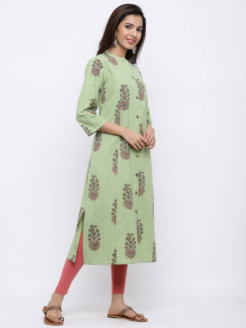 Women Green Calf Length Three-Quarter Sleeves A-Line Floral Printed Cotton Kurta