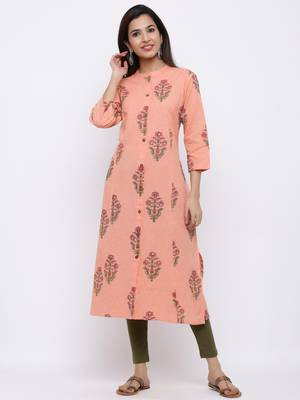 Women's  Peach Cotton Floral Print A-line Kurta 1