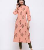 Women's  Peach Cotton Floral Print A-line Kurta