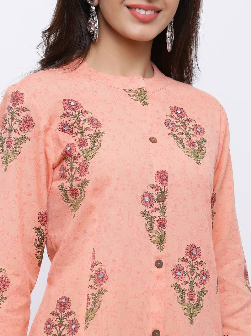 Women's  Peach Cotton Floral Print A-line Kurta