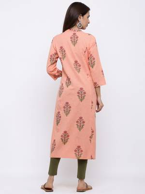 Women's  Peach Cotton Floral Print A-line Kurta 3