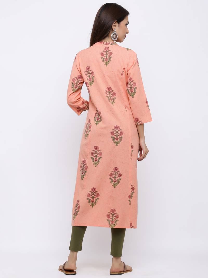 Women's  Peach Cotton Floral Print A-line Kurta