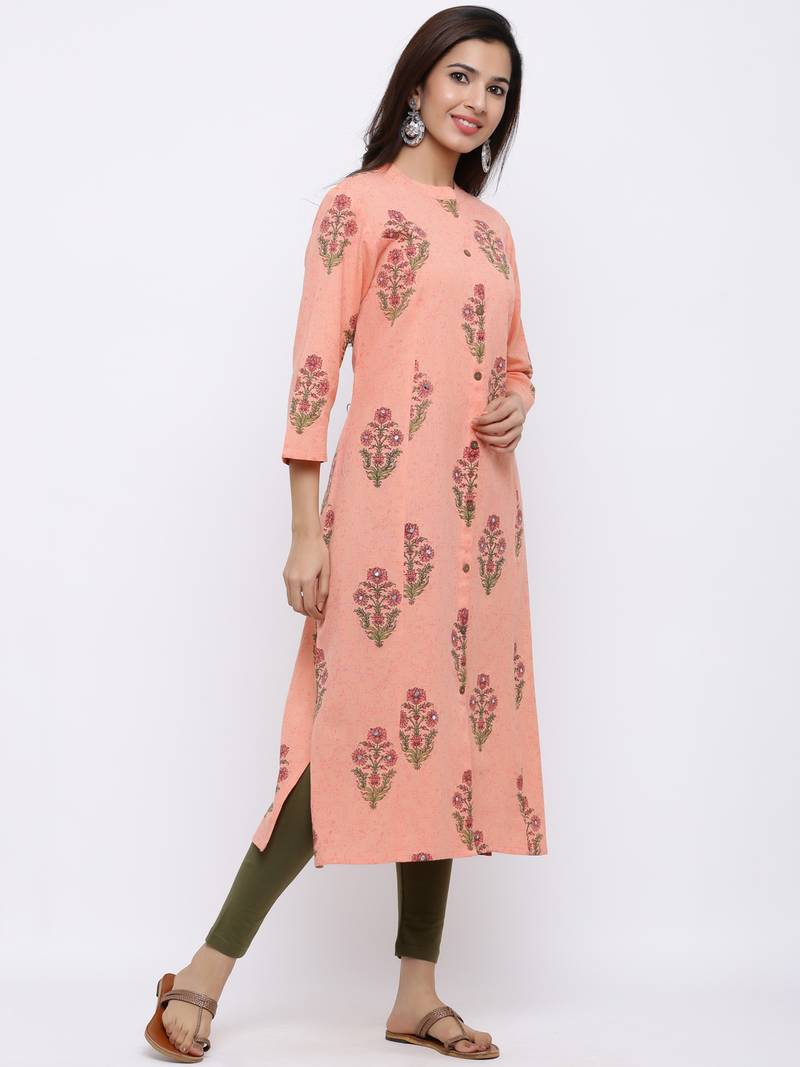 Women's  Peach Cotton Floral Print A-line Kurta