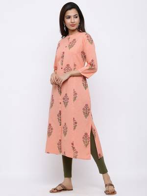 Women's  Peach Cotton Floral Print A-line Kurta 5