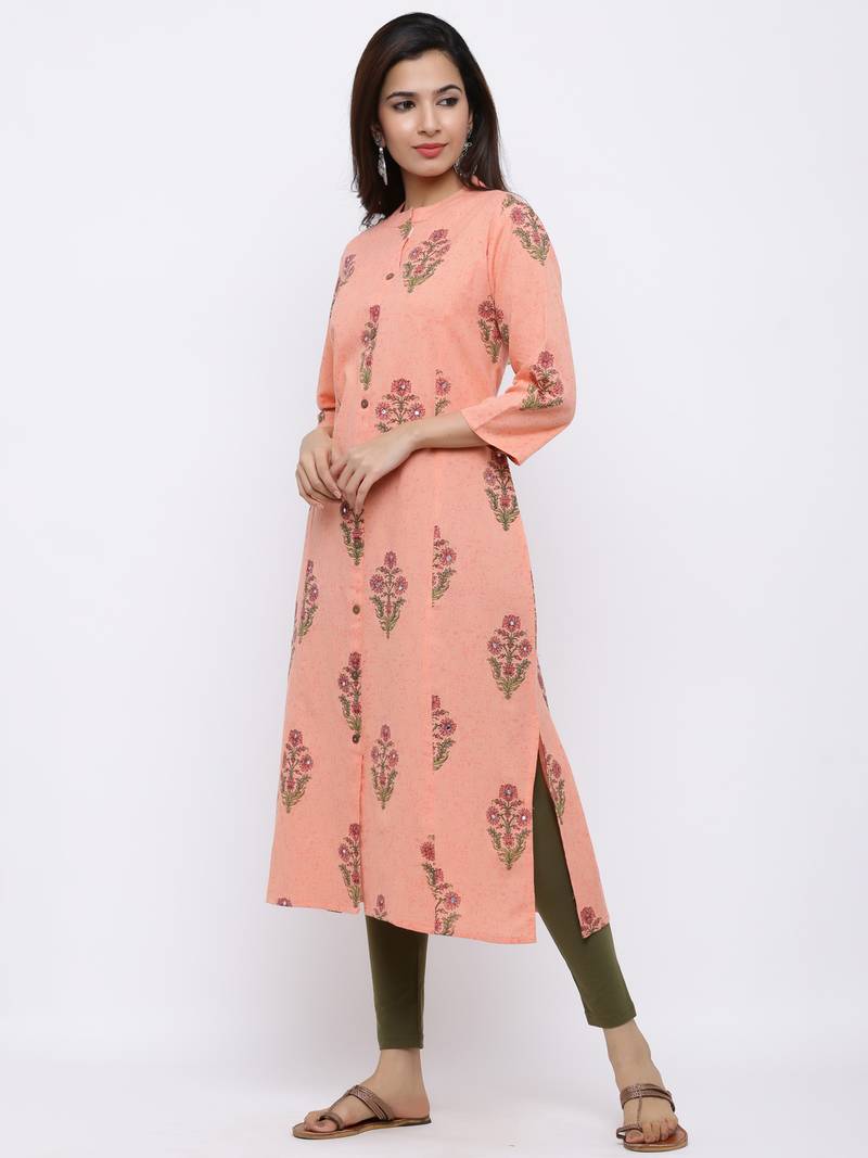 Women's  Peach Cotton Floral Print A-line Kurta