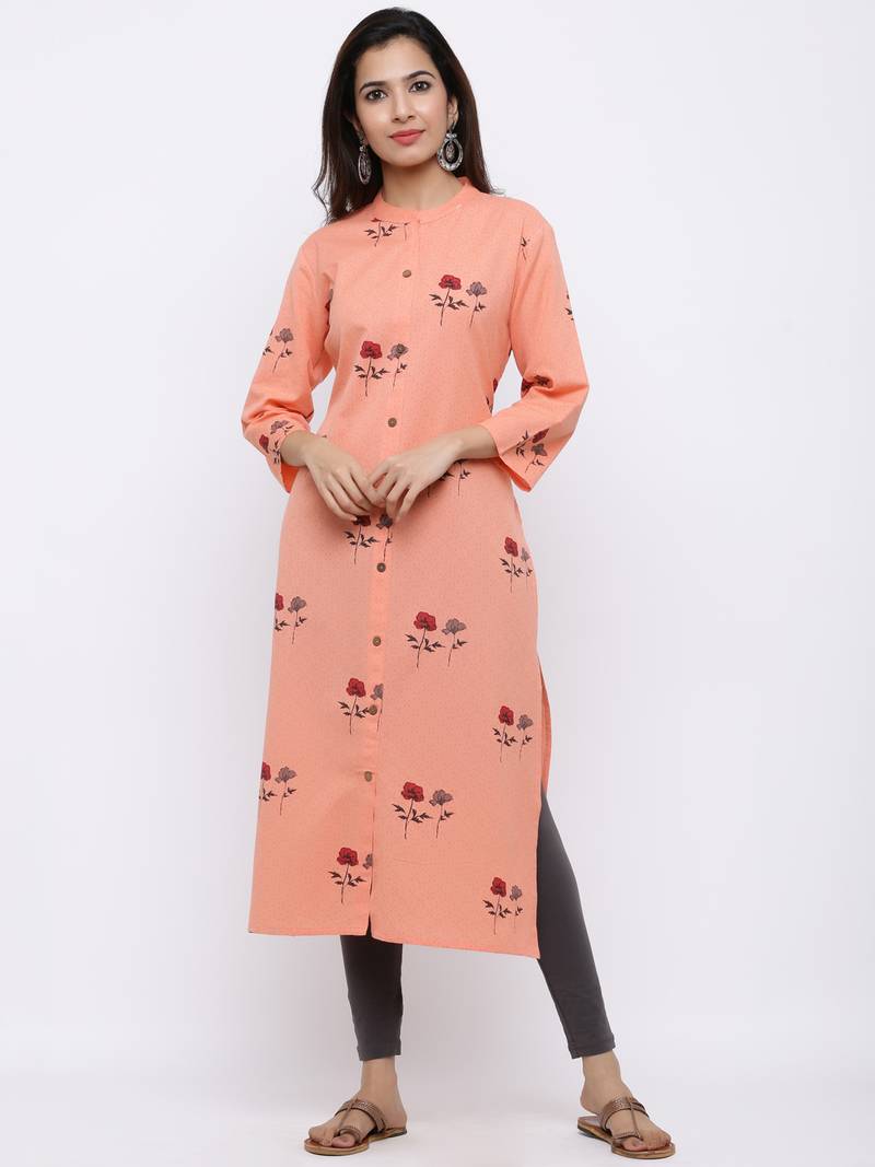 Women's  Peach Cotton Floral Print Straight Kurta