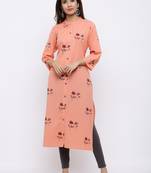 Women's  Peach Cotton Floral Print Straight Kurta