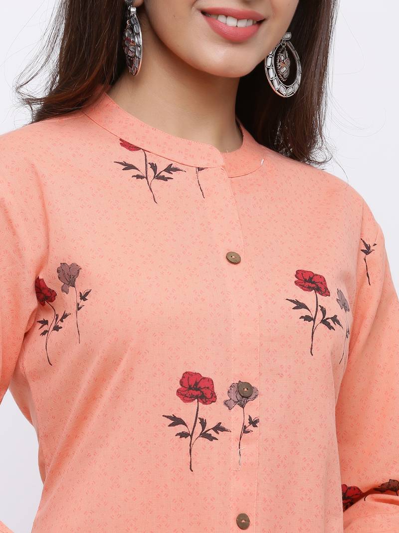 Women's  Peach Cotton Floral Print Straight Kurta