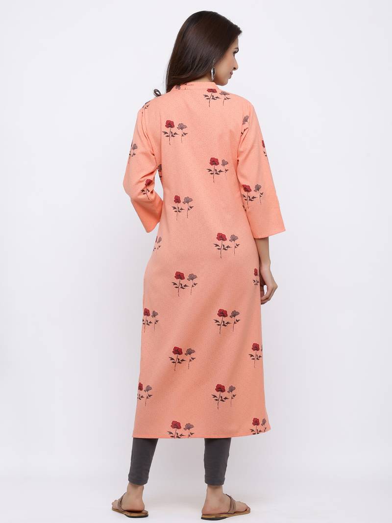 Women's  Peach Cotton Floral Print Straight Kurta