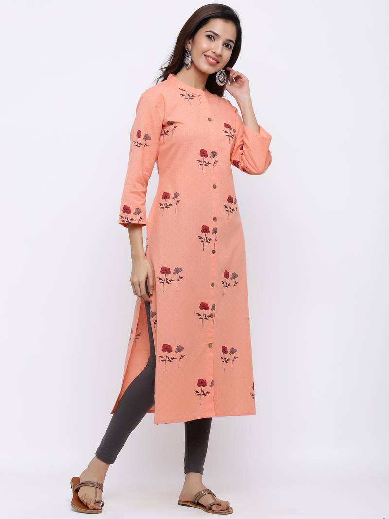 Women's  Peach Cotton Floral Print Straight Kurta