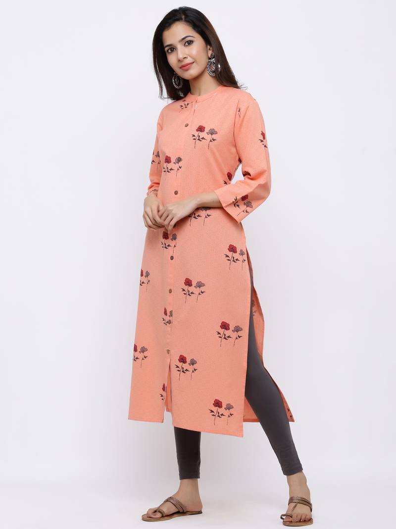 Women's  Peach Cotton Floral Print Straight Kurta