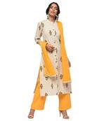 Women's Yellow  Cotton Flex Floral Print Straight Kurta, Palazzo & Dupatta Set