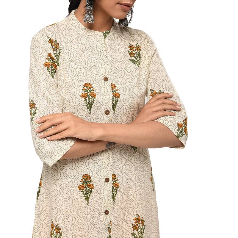 Women's Yellow  Cotton Flex Floral Print Straight Kurta, Palazzo & Dupatta Set