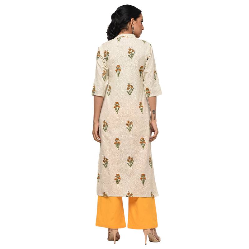Women's Yellow  Cotton Flex Floral Print Straight Kurta, Palazzo & Dupatta Set