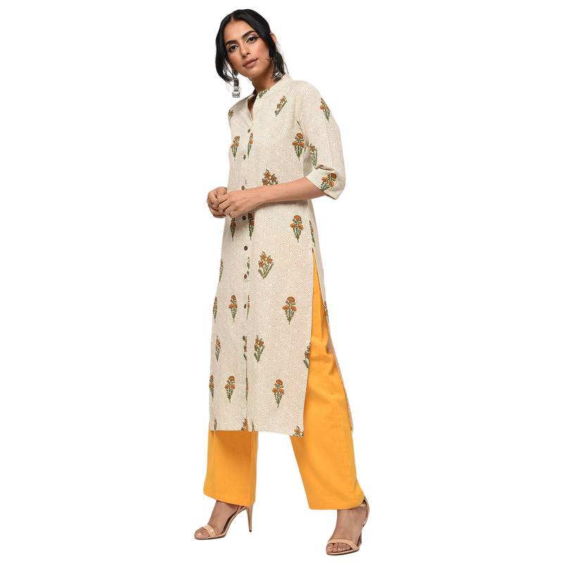 Women's Yellow  Cotton Flex Floral Print Straight Kurta, Palazzo & Dupatta Set