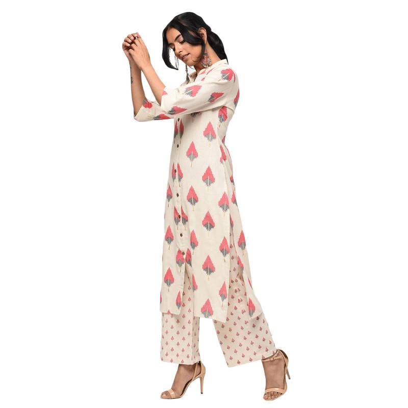 Women's Maroon  Cotton Flex Ikat Printed Straight Kurta & Palazzo Set