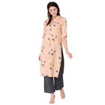 Women's Light Peach  Cotton Flex Floral Print Straight Kurta & Palazzo Set 4