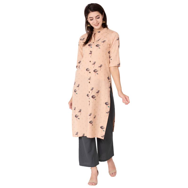 Women's Light Peach  Cotton Flex Floral Print Straight Kurta & Palazzo Set