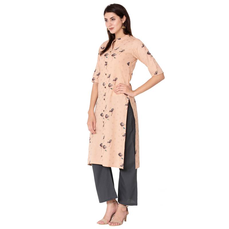 Women's Light Peach  Cotton Flex Floral Print Straight Kurta & Palazzo Set
