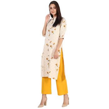 Women's Mustard  Cotton Flex Floral Print Straight Kurta & Palazzo Set 1