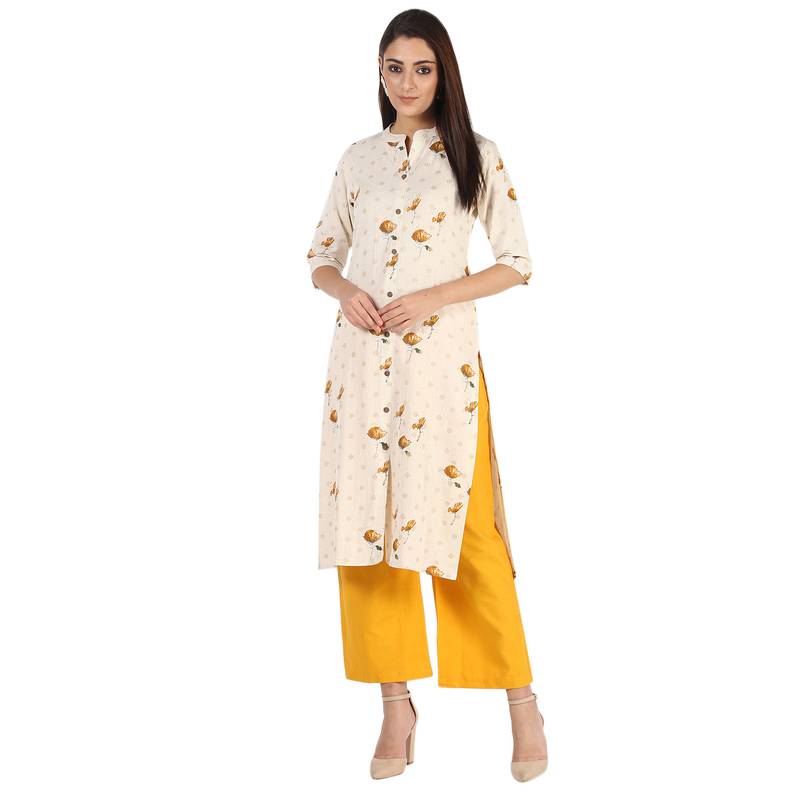 Women's Mustard  Cotton Flex Floral Print Straight Kurta & Palazzo Set