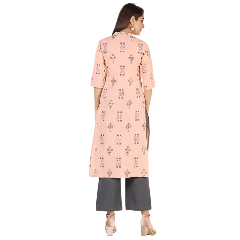 Women's Light Peach  Cotton Flex Floral Print Straight Kurta & Palazzo Set