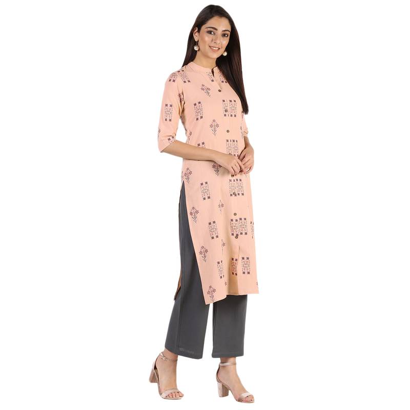 Women's Light Peach  Cotton Flex Floral Print Straight Kurta & Palazzo Set