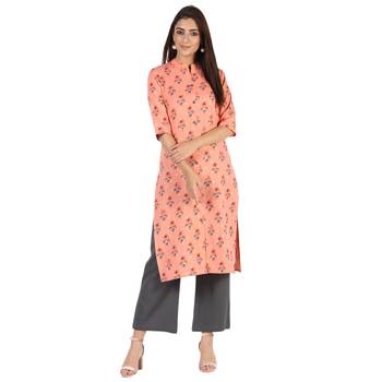 Women's Peach  Cotton Flex Floral Print Straight Kurta & Palazzo Set 1