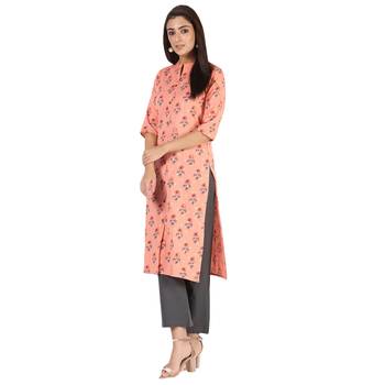 Women's Peach  Cotton Flex Floral Print Straight Kurta & Palazzo Set 2