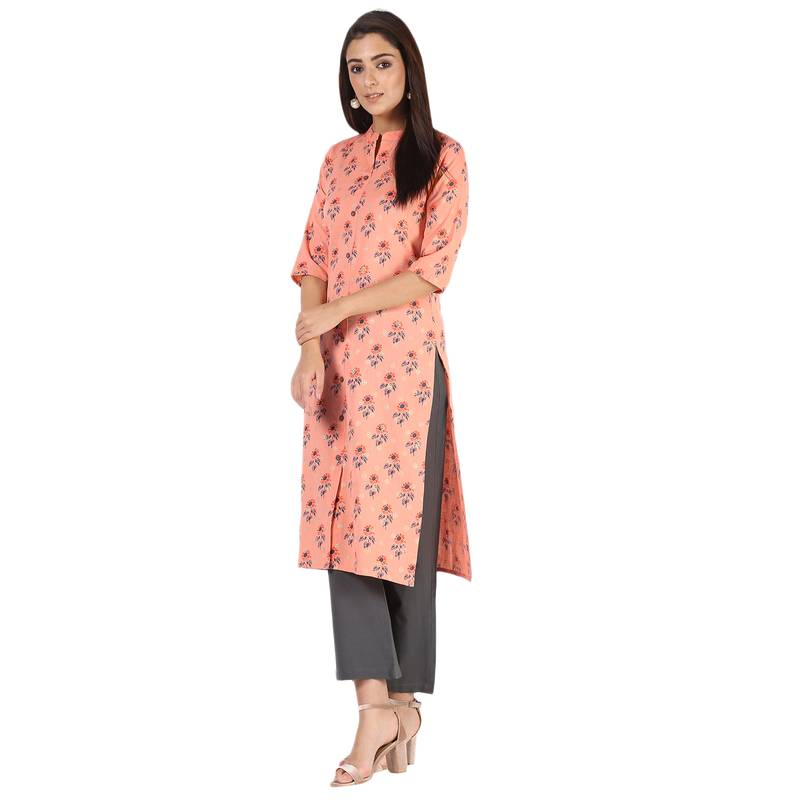 Women's Peach  Cotton Flex Floral Print Straight Kurta & Palazzo Set