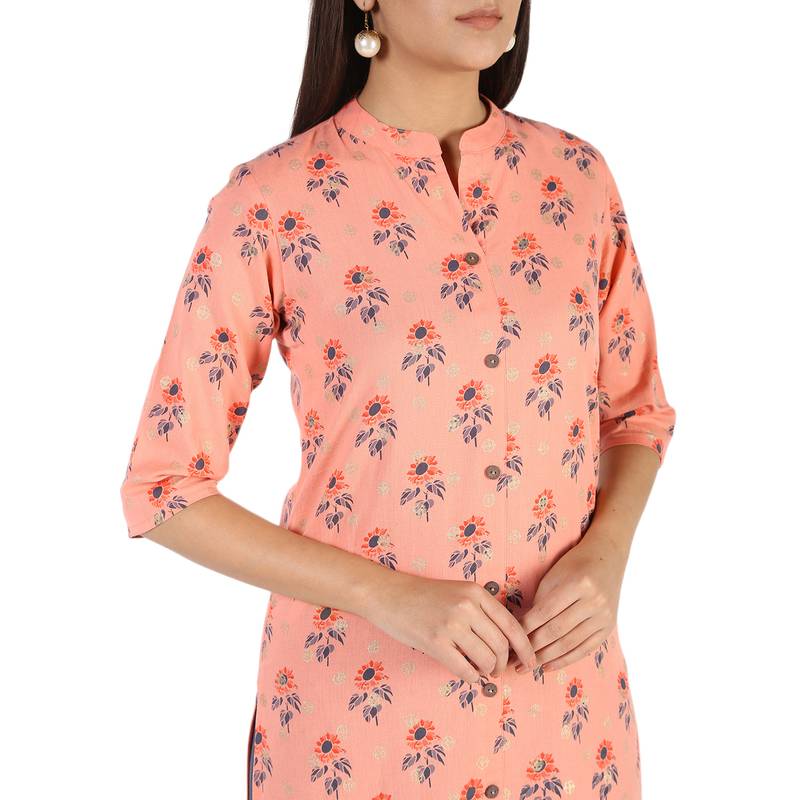 Women's Peach  Cotton Flex Floral Print Straight Kurta & Palazzo Set